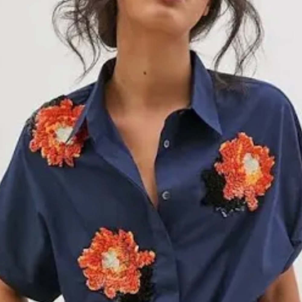 Anthropologie Dhruv Kapoor Navy beaded button down shirt Sz S sold out